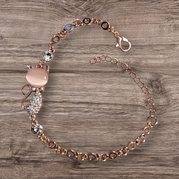 Jewelry - 🩷3 for $15: Rose Gold Enamel & Crystal Cat Bracelet, 7"+2" Extender, NWOT